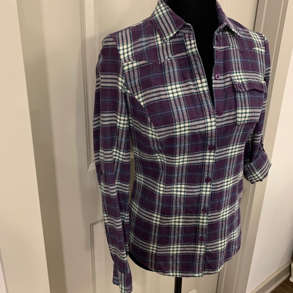 Purple Plaid Flannel Button Down Top - Picture 4 of 5